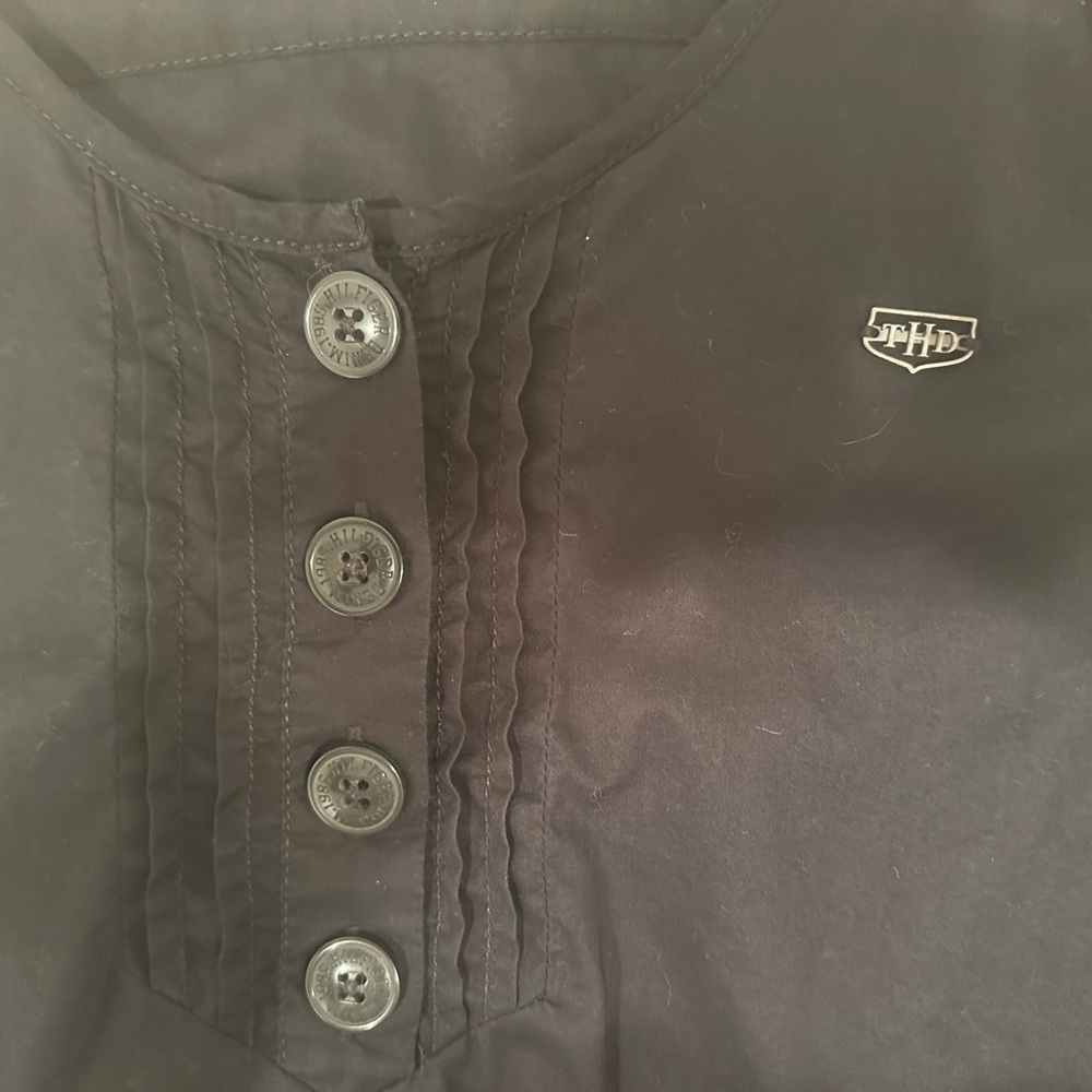 Vintage Tommy Hilfiger Black SS Blouse Back Toe Button Details Sz M Biker - Picture 6 of 10